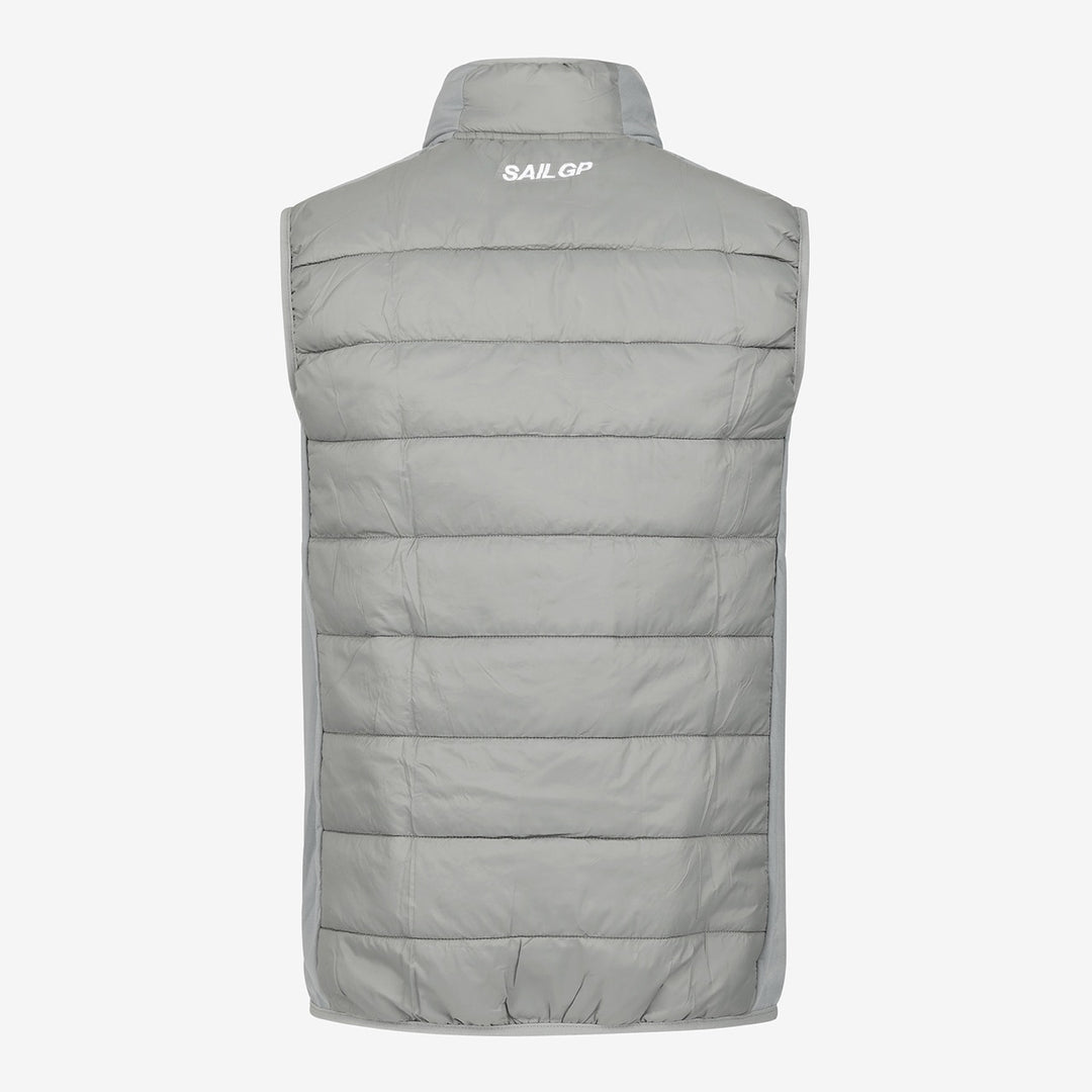 Gray puffer vest with 'SAIL GP' branding on a white background