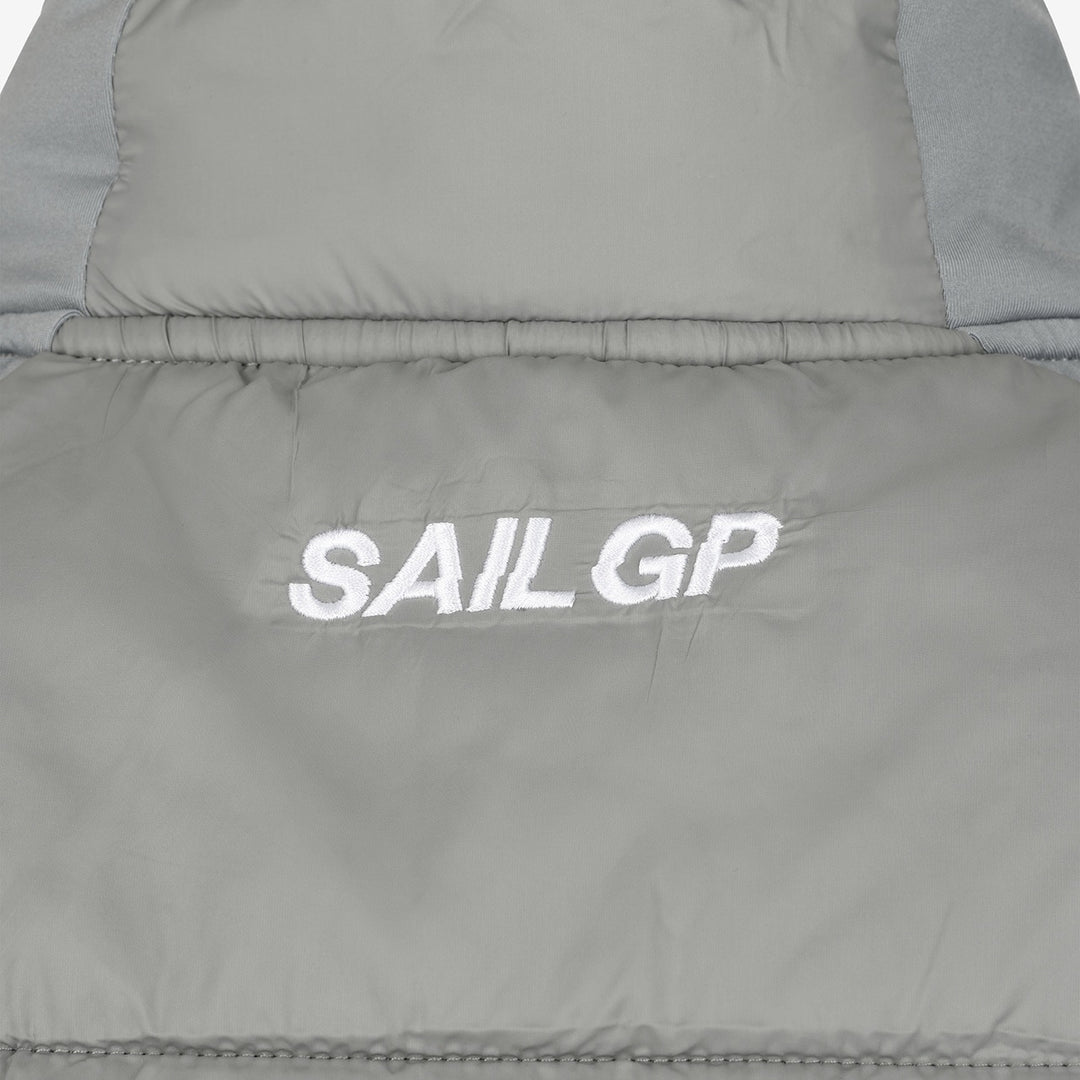 Gray puffer vest with 'SAIL GP' logo on a white background