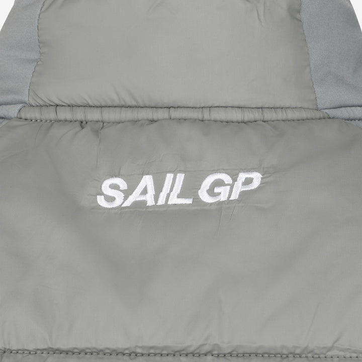 Gray puffer vest with 'SAIL GP' logo on a white background
