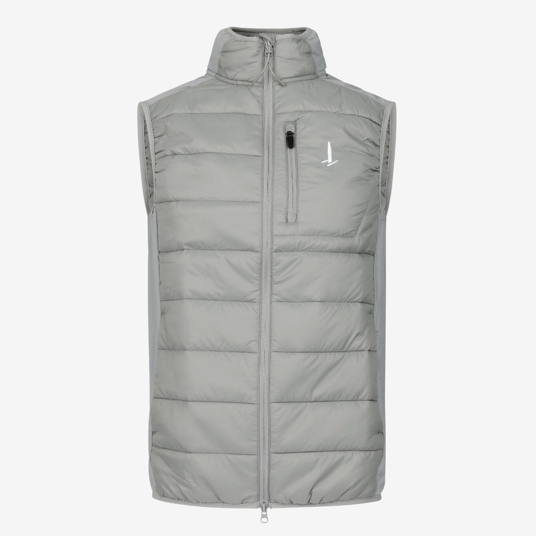 Gray puffer vest with a brand logo on a white background