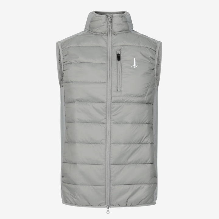 Gray puffer vest with a brand logo on a white background