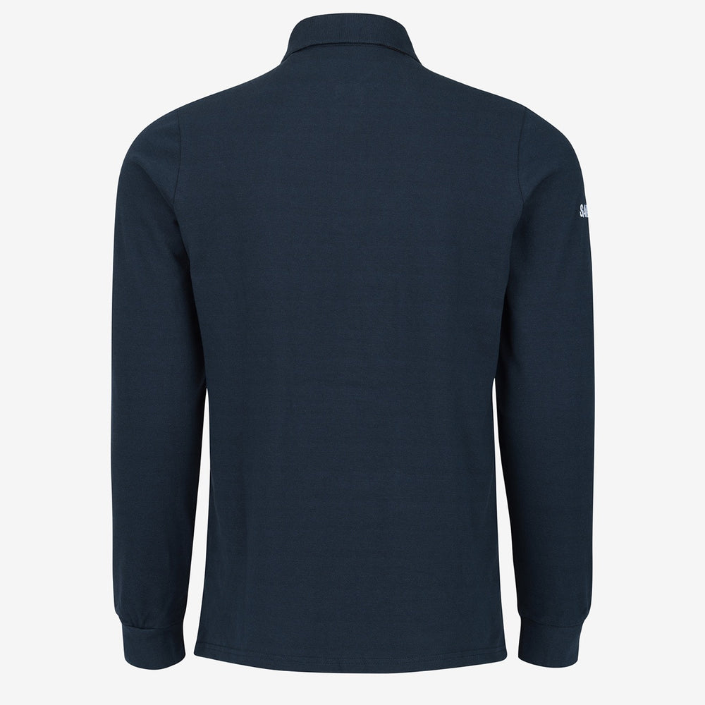 Navy long-sleeve polo shirt on a white background