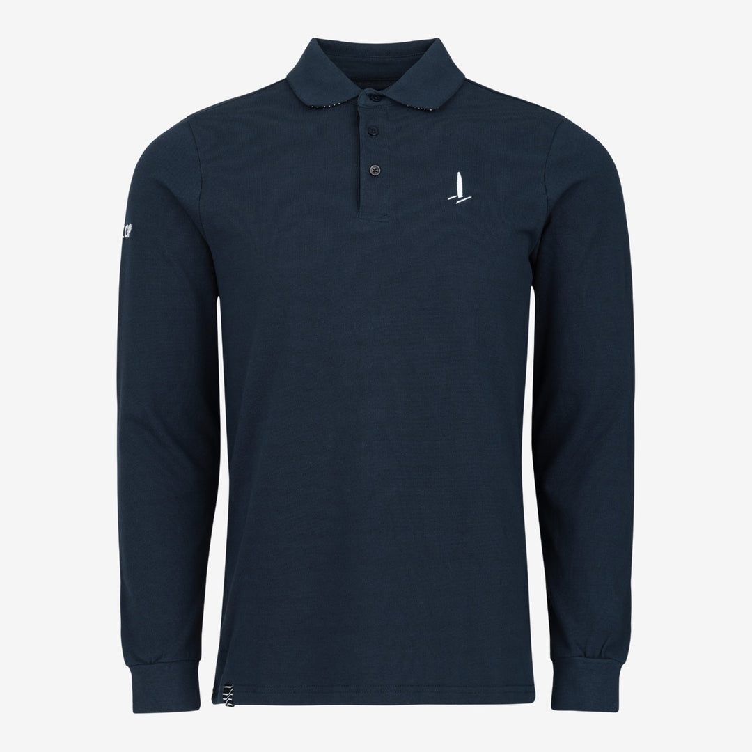 Navy long-sleeve polo shirt with a small F50 logo on a light gray background