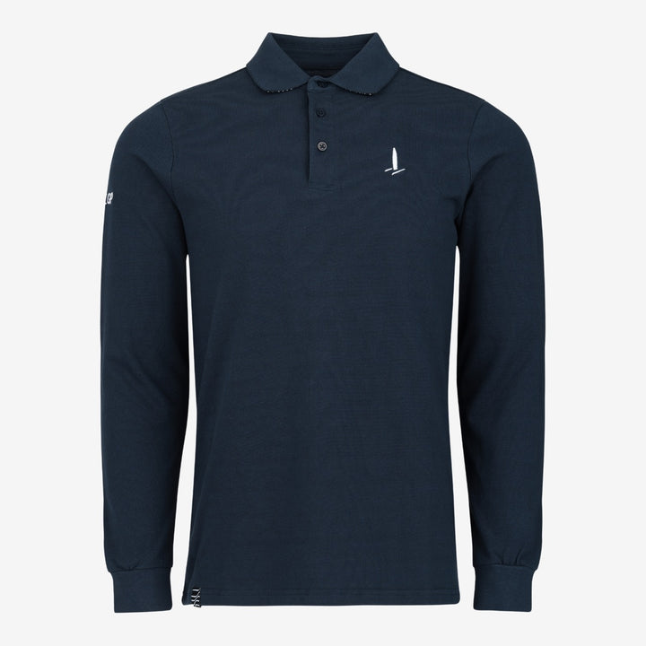 Navy long-sleeve polo shirt with a small F50 logo on a light gray background