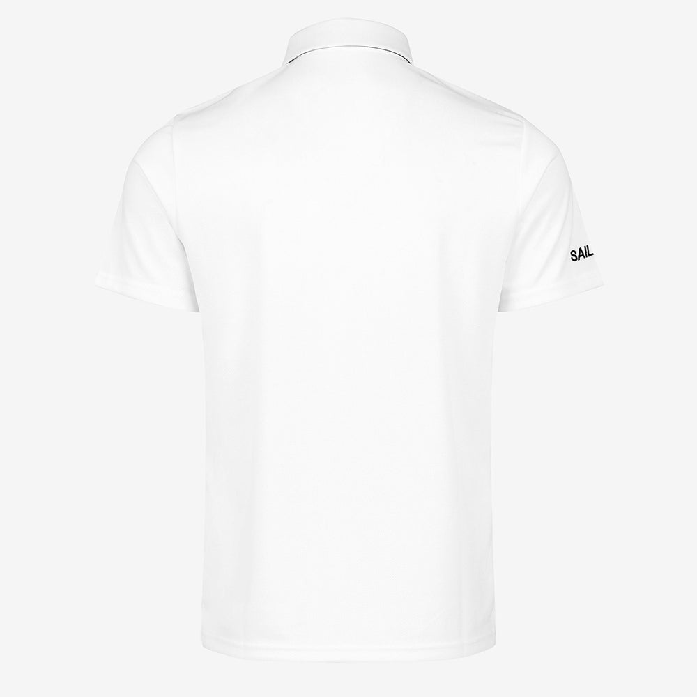 Back of a white polo shirt against a white background