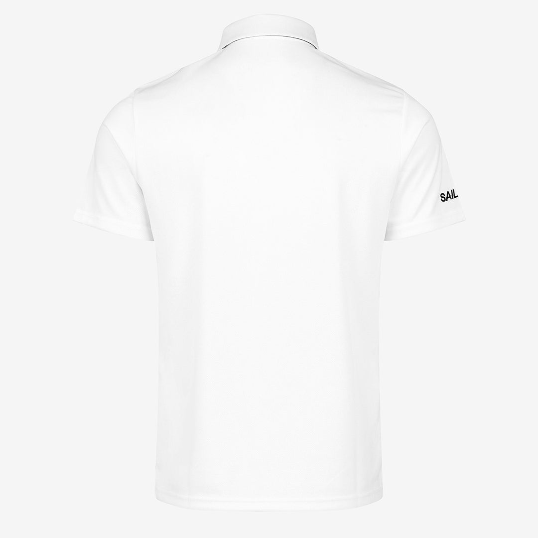 Back of a white polo shirt against a white background