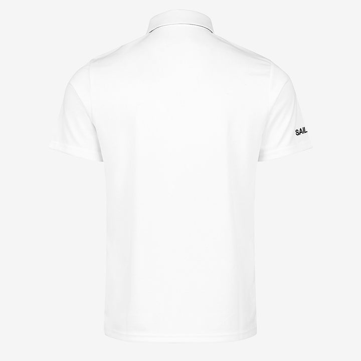 Back of a white polo shirt against a white background