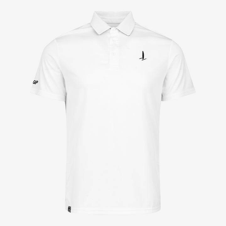 White polo shirt with a black F50 logo on a white background