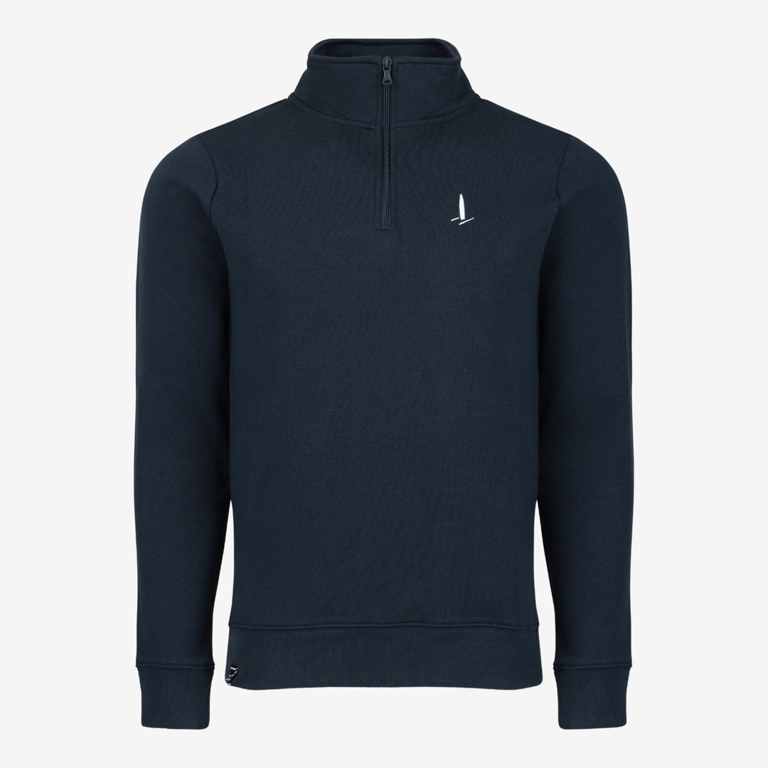 Navy blue half-zip sweatshirt with a small white F50 logo on a light gray background