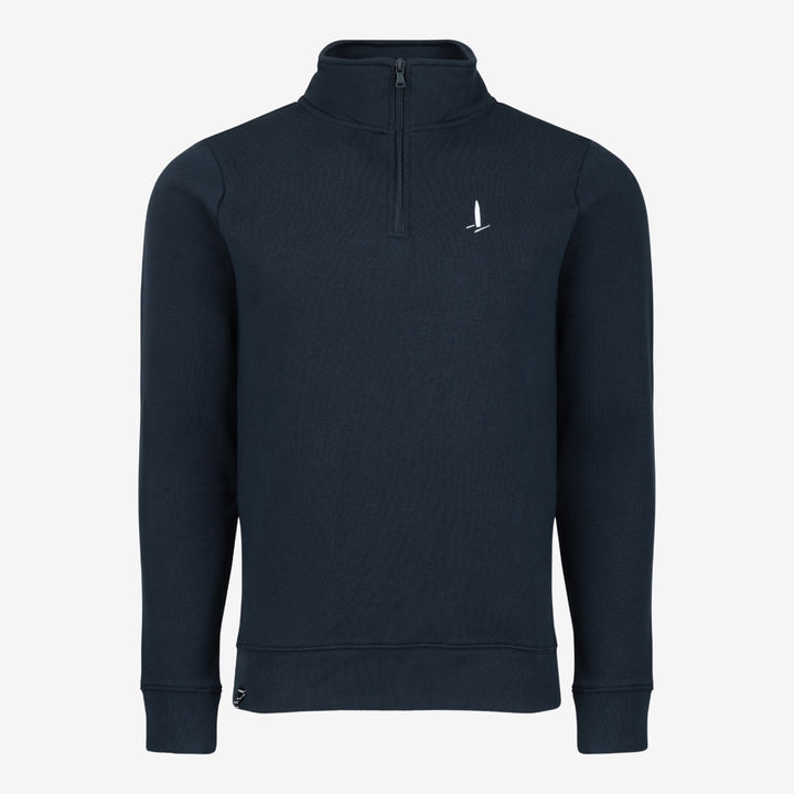 Navy blue half-zip sweatshirt with a small white F50 logo on a light gray background