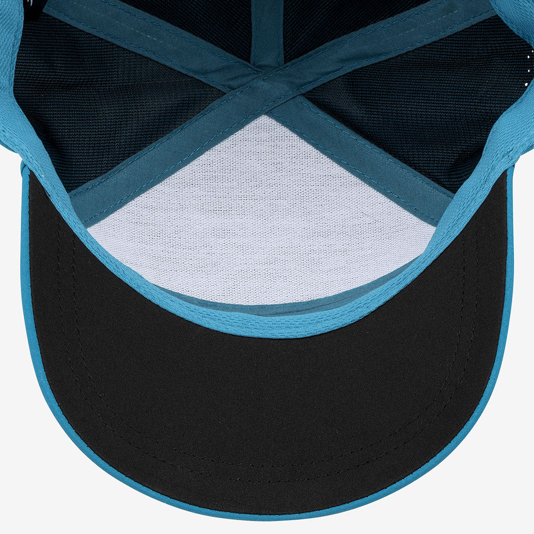 Close-up of a cap with blue rim and white mesh on a white background