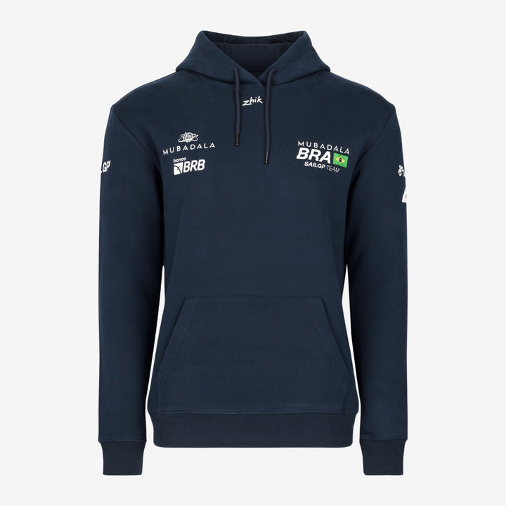 Navy blue hoodie with Mubadala Brazil SailGP branding on a white background