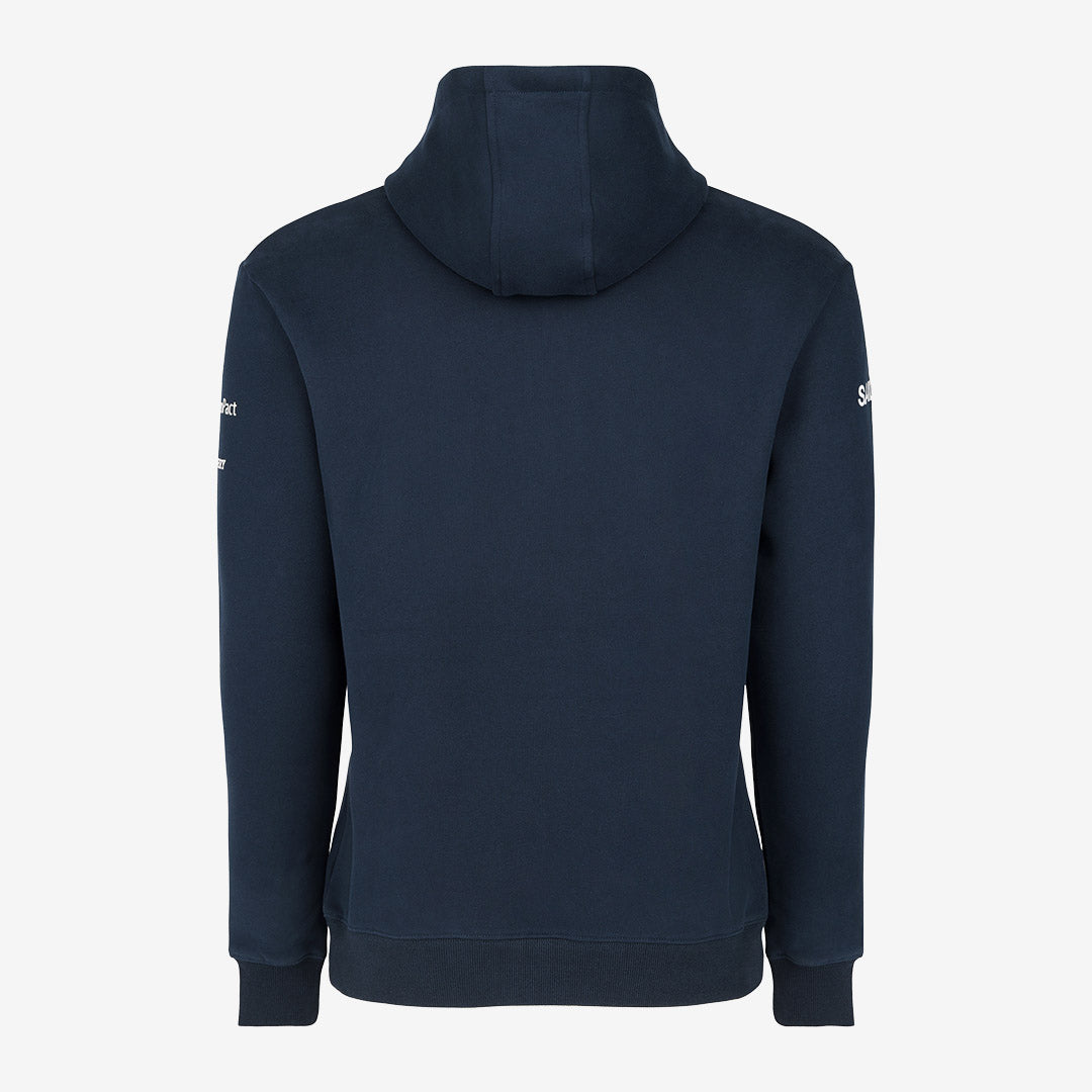 Navy blue hoodie against a light gray background