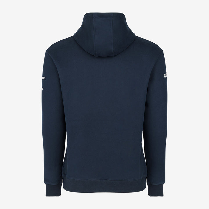 Navy blue hoodie against a light gray background
