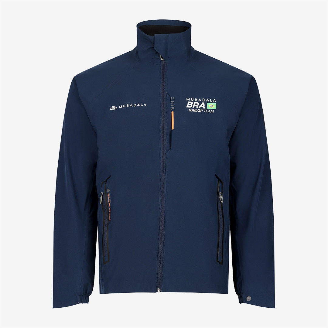 Front view of the Mubadala Brazil SailGP Team Jacket with Mubadala, SailGP, along with the Brazilian flag