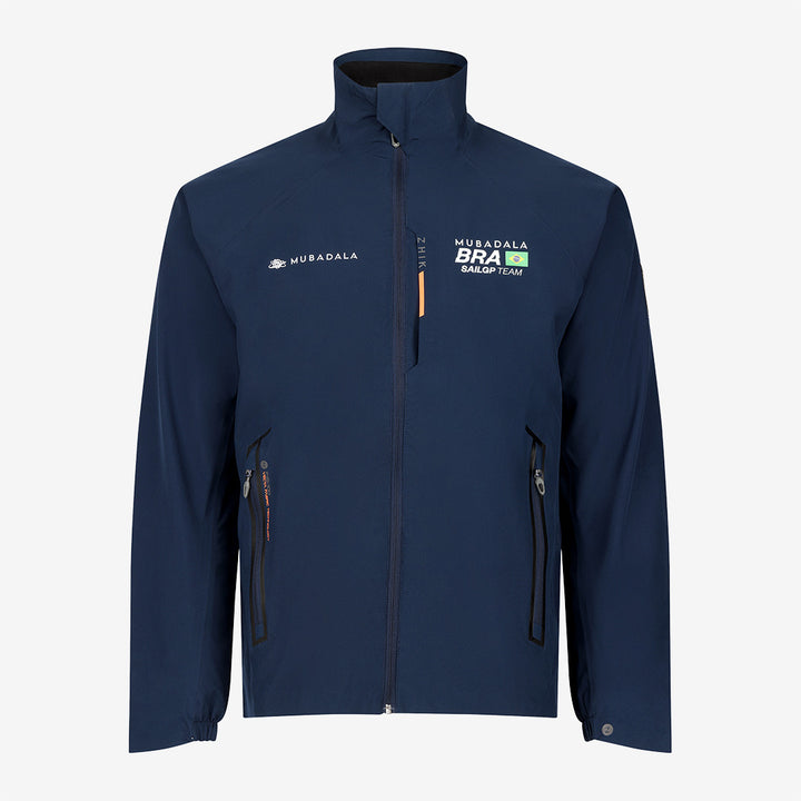 Front view of the Mubadala Brazil SailGP Team Jacket with Mubadala, SailGP, along with the Brazilian flag