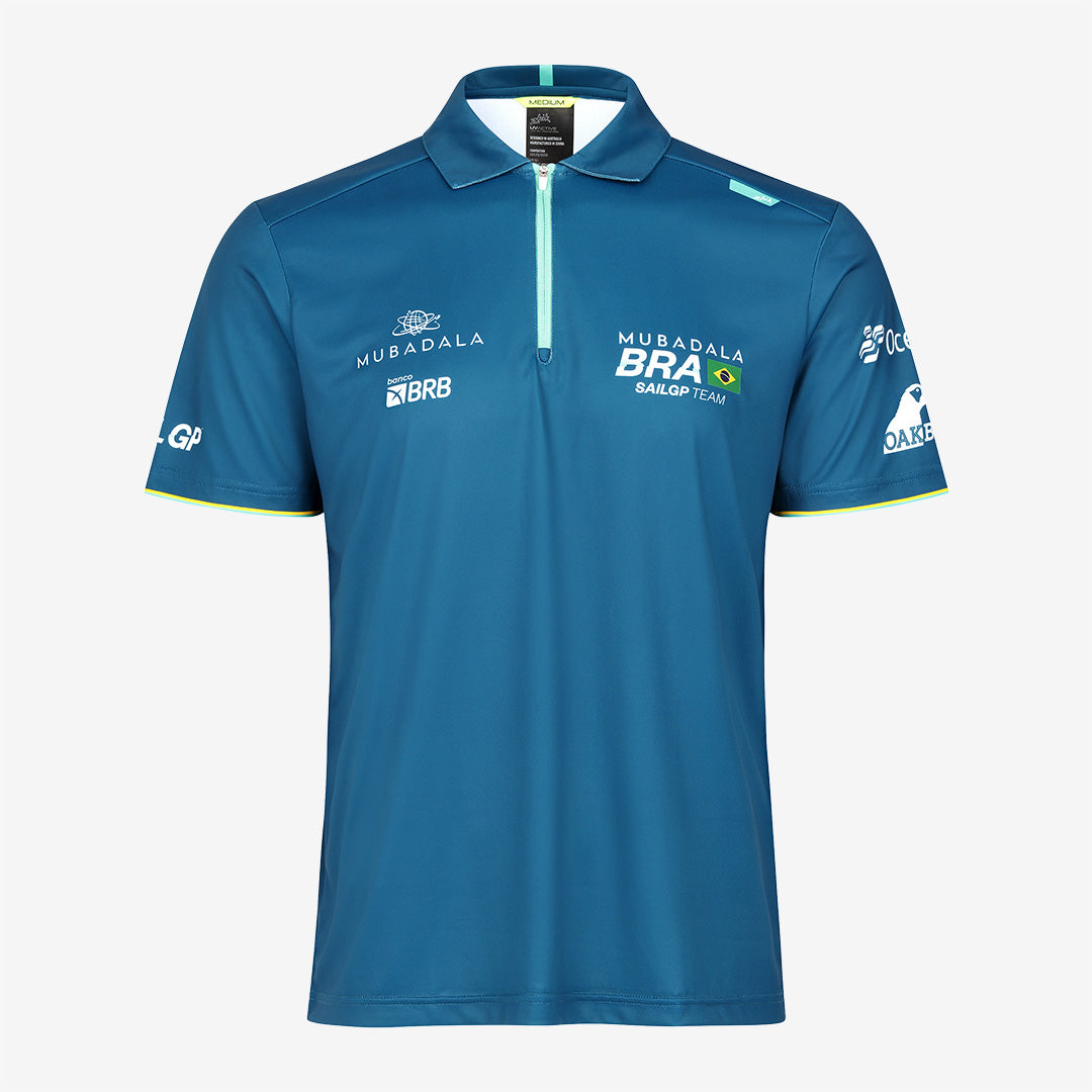 Front view of the Mubadala Brazil SailGP Team Polo Shirt with Mubadala, SailGP, and Banco de Brasília branding along with the Brazilian flag.