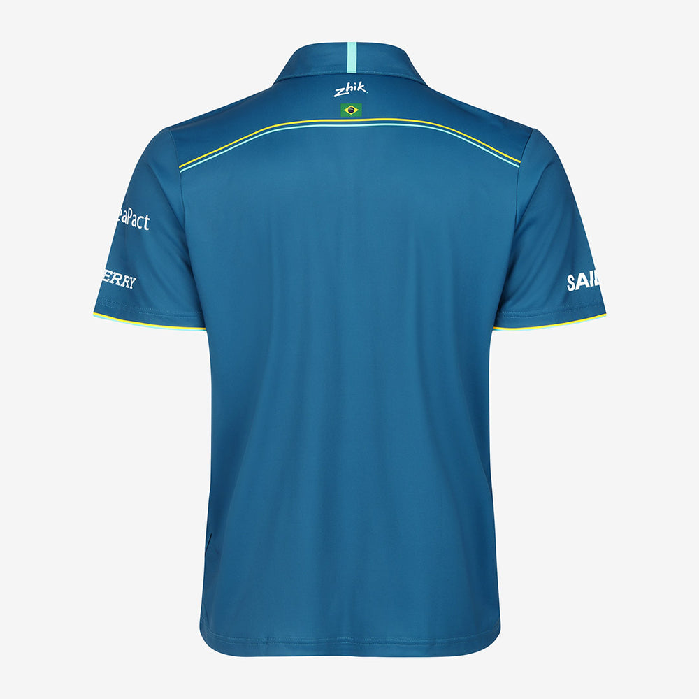 Back view of the Mubadala Brazil SailGP Team Polo Shirt with Zhik branding along with the Brazilian flag.