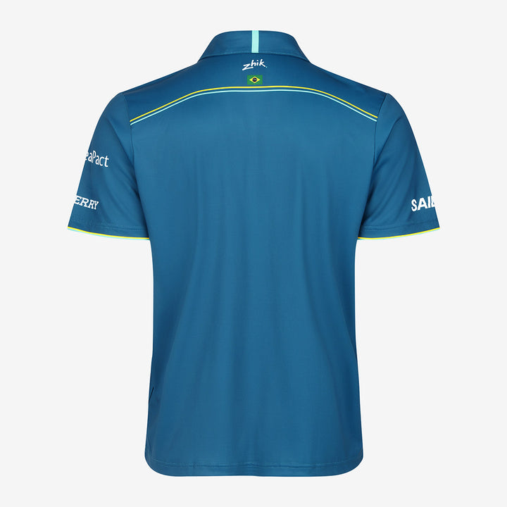 Back view of the Mubadala Brazil SailGP Team Polo Shirt with Zhik branding along with the Brazilian flag.