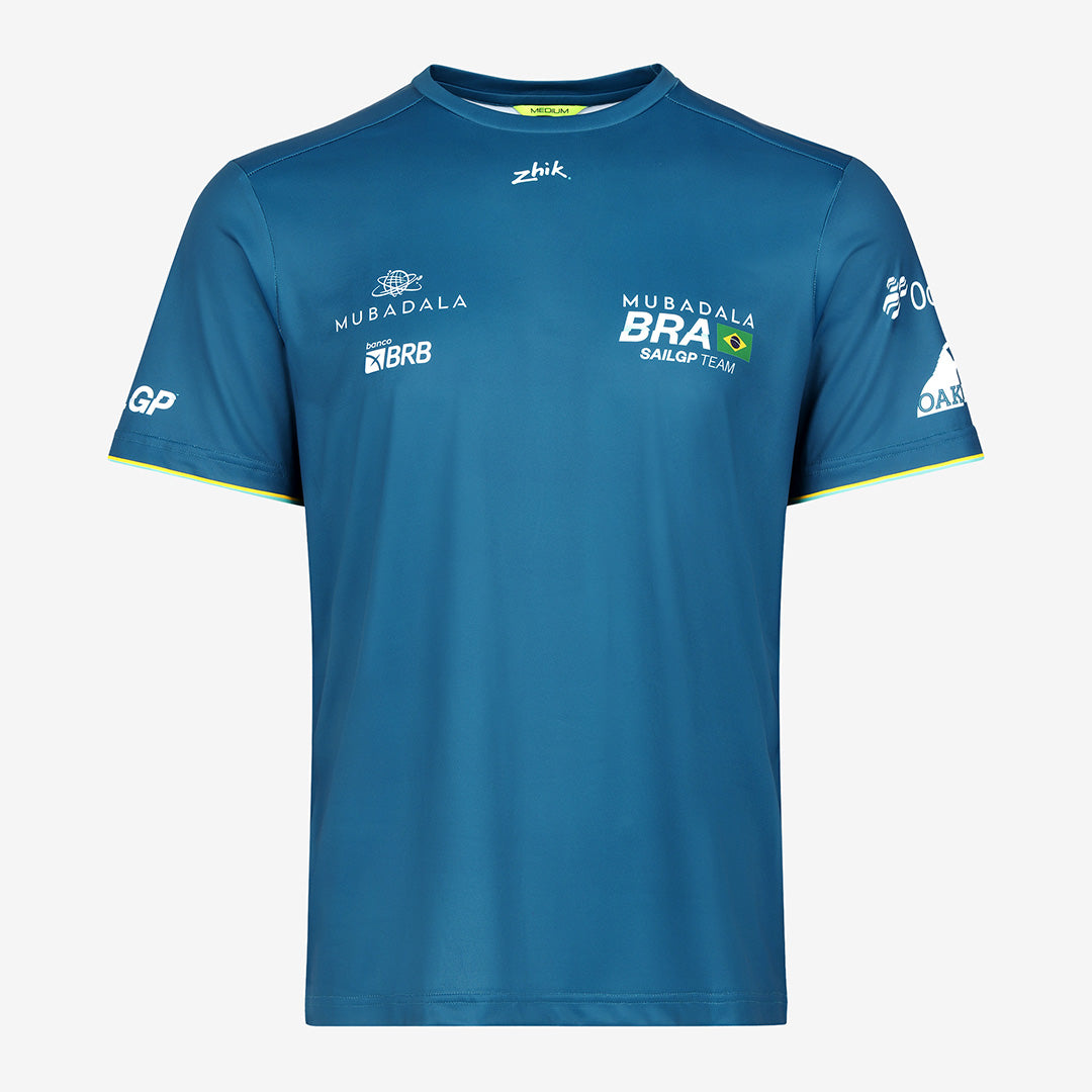 Front view of the Mubadala Brazil SailGP Team T-shirt with Mubadala, SailGP, and Banco de Brasília branding along with the Brazilian flag.