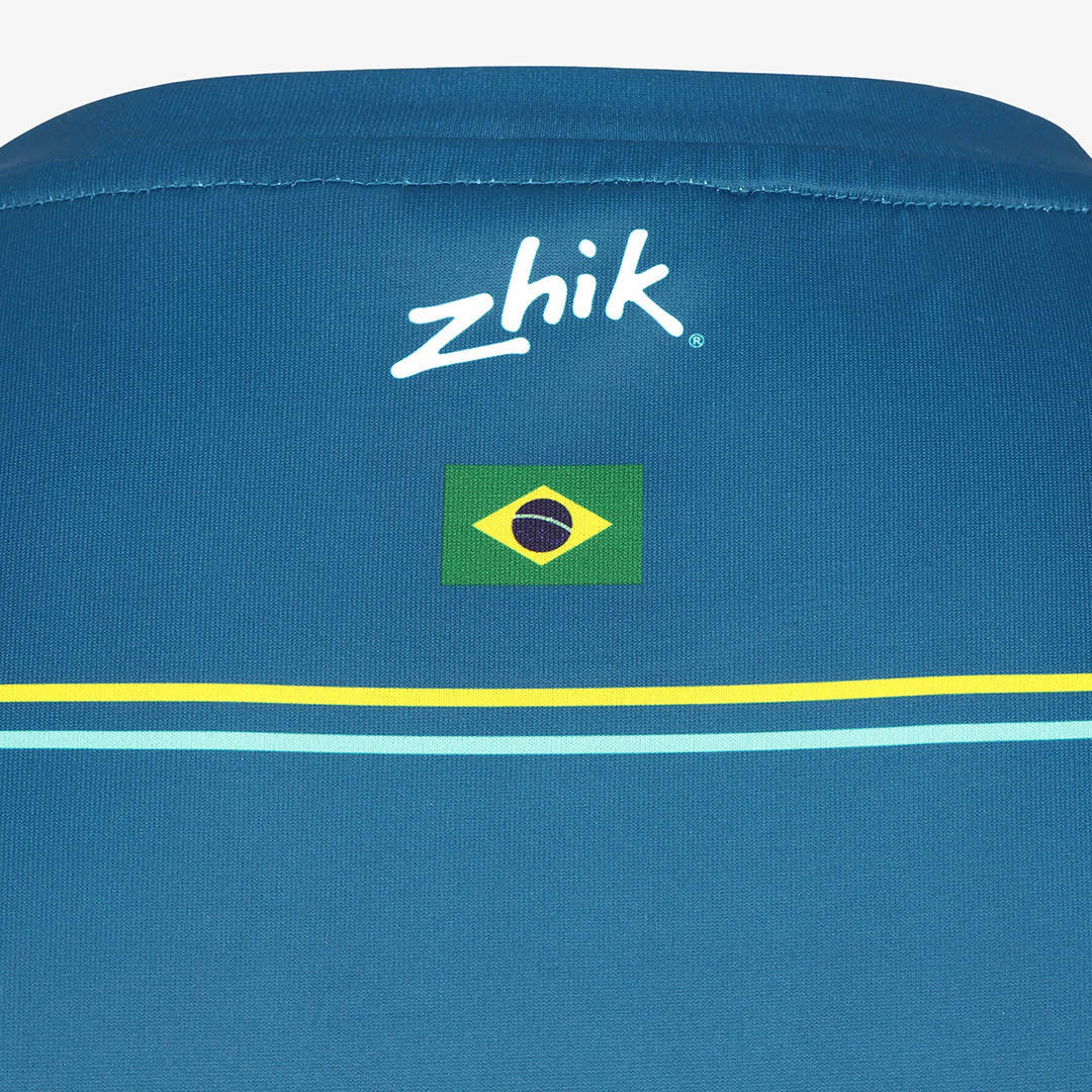 Close-up of the Mubadala Brazil SailGP Team T-shirt with the Zhik logo and Brazilian flag.