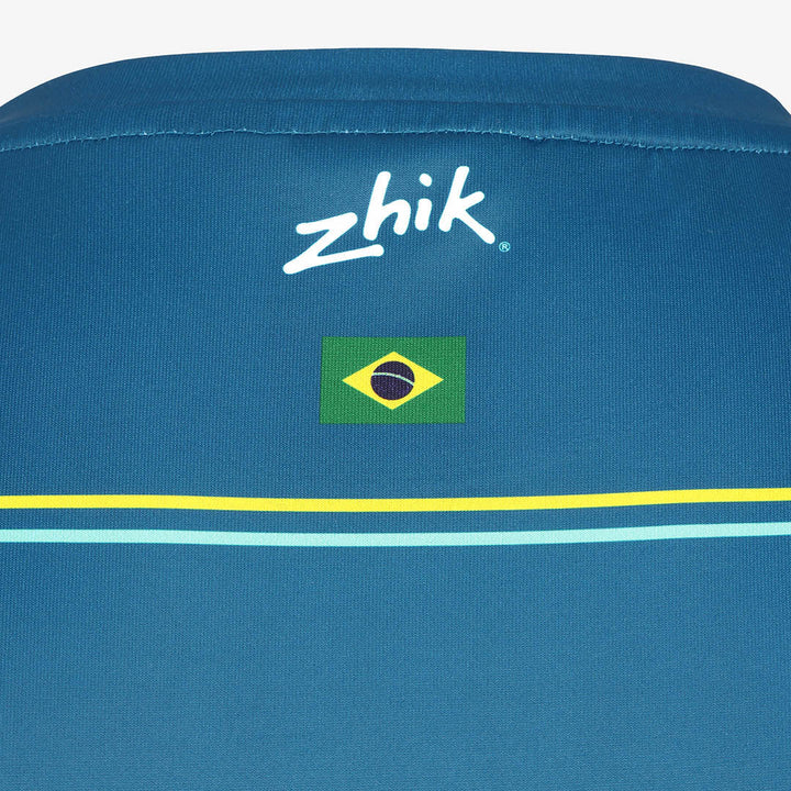 Close-up of the Mubadala Brazil SailGP Team T-shirt with the Zhik logo and Brazilian flag.